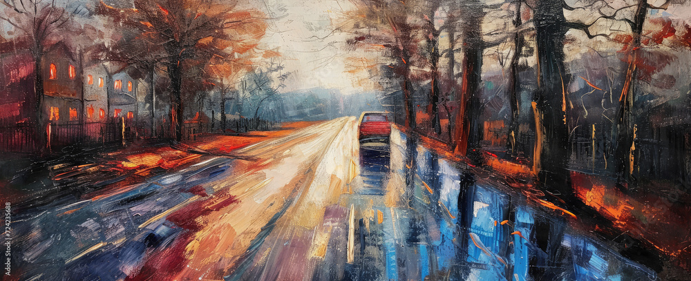 Obraz premium Vibrant Oil Painting of a Rainy Evening on a Bustling City Street. Generative AI.