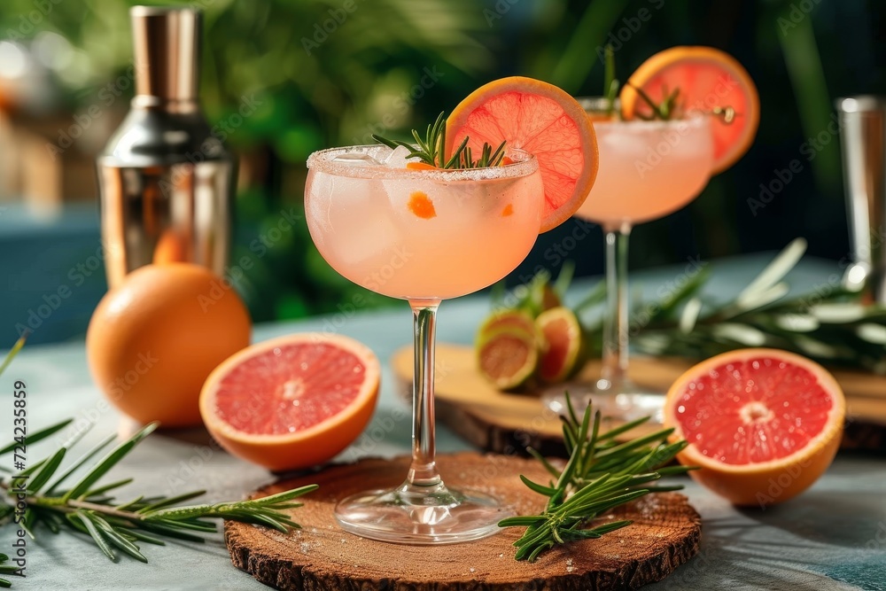 Indulge in a refreshing citrus-infused classic cocktail, adorned with vibrant grapefruit and zesty lemon, served in a delicate stemware and garnished with a sprig of fragrant rosemary Indulge in a refreshing citrus-infused classic cocktail, adorned with vibrant grapefruit and zesty lemon, served in a delicate stemware and garnished with a sprig of fragrant rosemary
