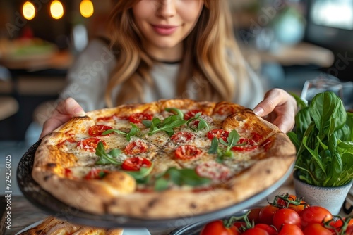 A woman indulges in the savory delight of a californiastyle pizza, adorned with fresh vegetables and gooey cheese, as she sits comfortably indoors at a table