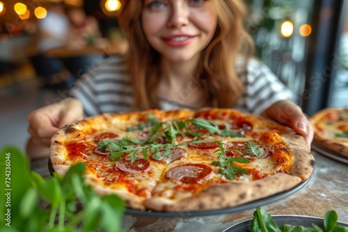 A fashion-forward woman indulges in a mouth-watering slice of california-style pizza, savoring every cheesy bite as she sits comfortably indoors