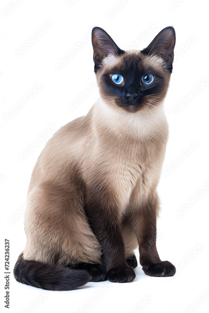 Adorable chocolate point Burmese cat, sitting up facing fronts. Looking towards camera. Isolated on a white background.