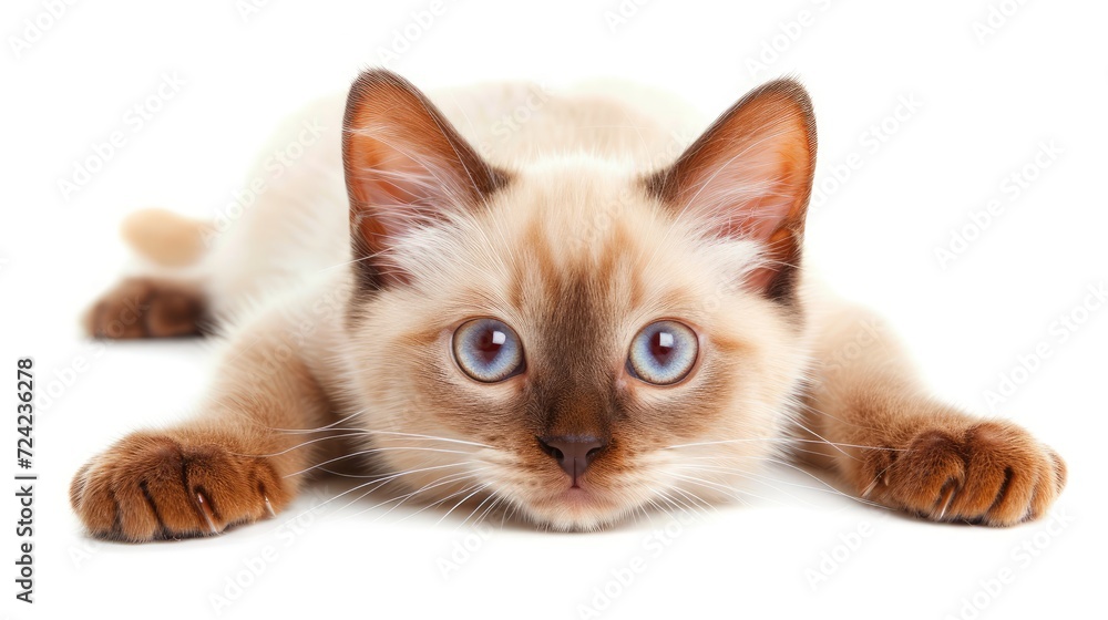 Adorable chocolate point Burmese cat kitten, laying down facing front. Looking towards camera. Isolated on a white background.