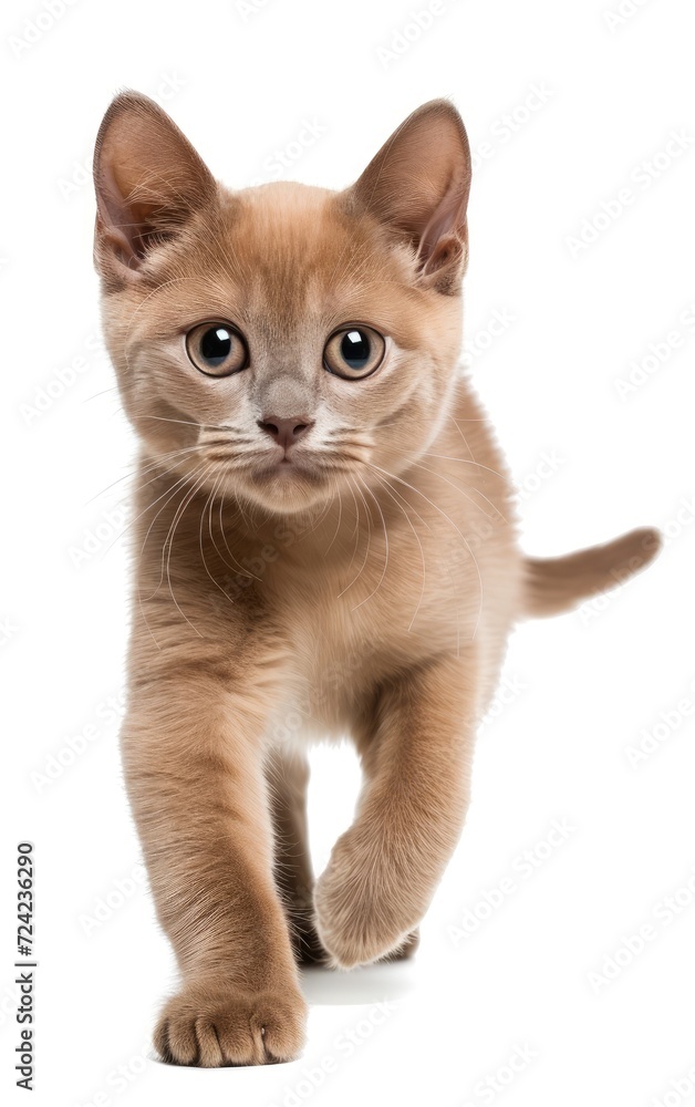 Cute Burmese cat kitten, standing facing front. Looking towards camera with curiosity. isolated on a white background.