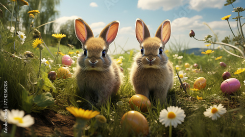 Brown little rabbits april eastertime background image. Happy easter eggs desktop wallpaper picture. Small bunnies grass photo backdrop. Meadow springtime concept composition front view © The img