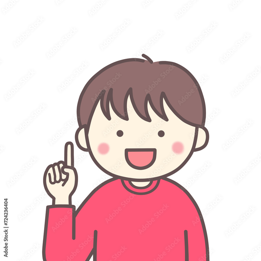 正面を向いて人差し指を立てる笑顔の男の子 正面を向いて人差し指を立てる笑顔の男の子
