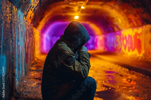 A lone figure huddled in a cave-like tunnel, their clothing barely providing warmth as they seek out the dim light of the night street