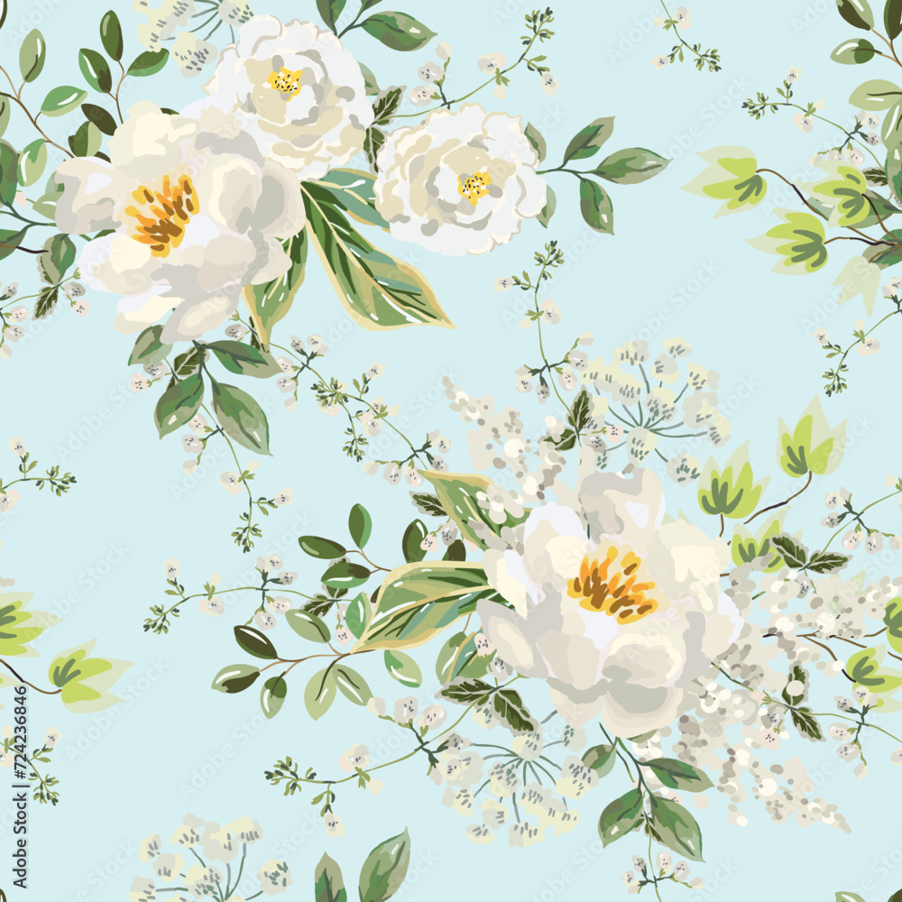 Fototapeta premium White peony and rose flowers, green leaves, light blue background. Floral illustration. Vector seamless pattern. Botanical design. Nature spring garden plants. Romantic bouquets