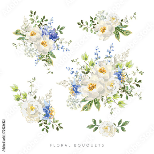 Peony, rose, light blue clematis flowers, green leaves bouquets, white background. Set of the floral arrangements. Vector illustration. Romantic garden. Summer nature. Wedding design