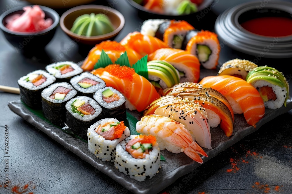 A vibrant platter of mouth-watering sushi, a delicate and beloved dish of japanese cuisine, adorned with colorful vegetables and wrapped in seaweed, exudes the artful fusion of flavors and textures t