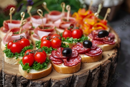 An artfully arranged platter of colorful sandwiches, adorned with fresh fruits and vegetables, rests upon a rustic wood stump, tempting the taste buds with its tantalizing blend of fast food and gour