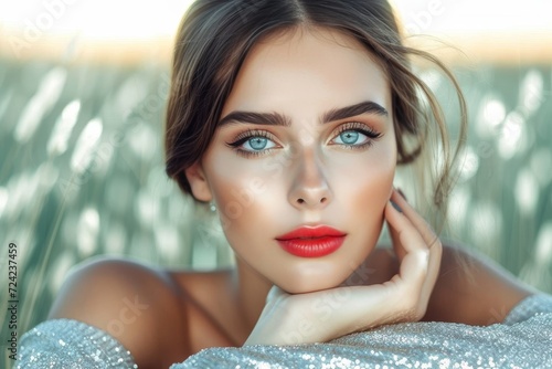A stunning fashion model captures the essence of feminine beauty, with flawless skin, captivating eyes, and bold lip color, in this striking portrait photo featuring long hair and dramatic eyelash ex