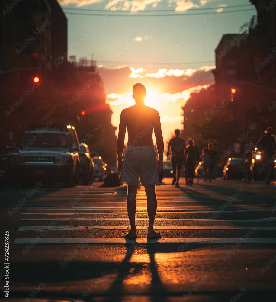 a man in shorts standing on the street during sunset a man in shorts standing on the street during sunset