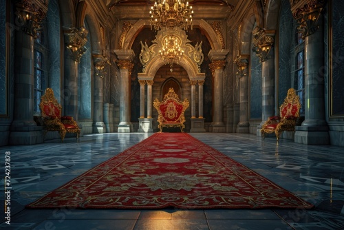 Interior of palace or castle with golden king chair and red carpet, luxury and classic photo