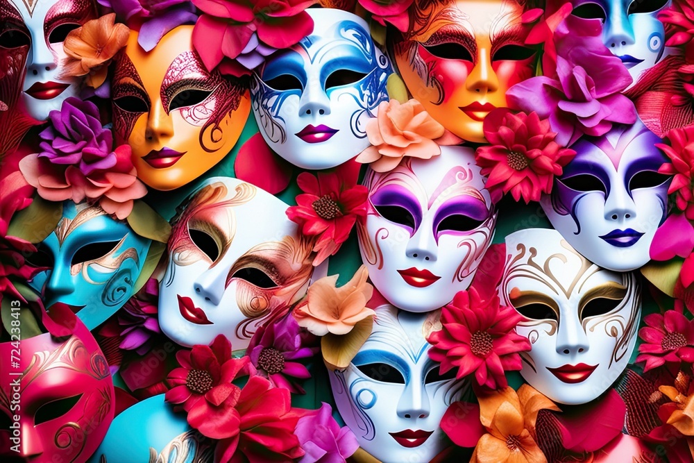 Colorful carnival masks background. Traditional festive costume attribute.