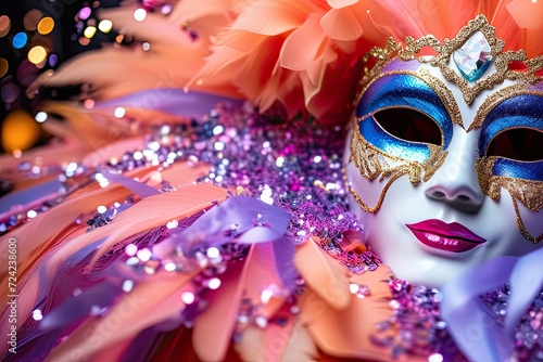 Colorful carnival mask close up. Traditional festive costume attribute.