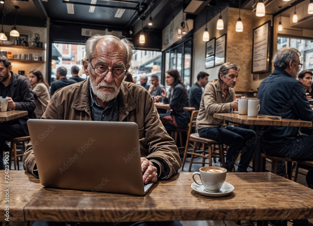 Old Man sitting at a table with a laptop and a cup of coffee. She is focused on her work. There are other people in the background, engaged in their own activities. Old Man sitting at a table with a laptop and a cup of coffee. She is focused on her work. There are other people in the background, engaged in their own activities.