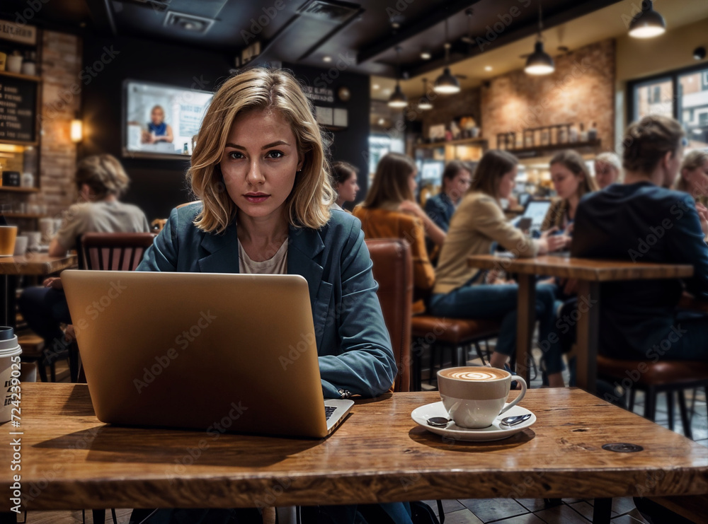 woman smiling and sitting at a table with a laptop and a cup of coffee. She is focused on her work. There are other people in the background, engaged in their own activities. woman smiling and sitting at a table with a laptop and a cup of coffee. She is focused on her work. There are other people in the background, engaged in their own activities.