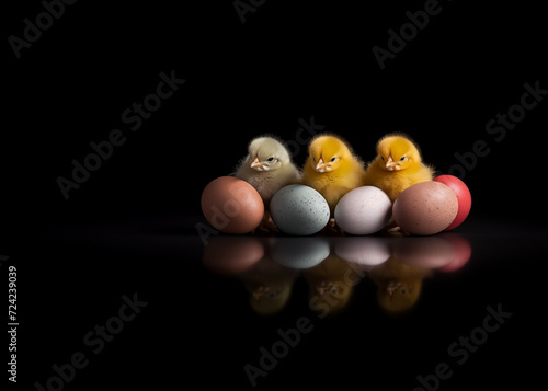 Wallpaper Mural 3 yellow chicks sitting with some easter eggs on a reflective surface against a dark background Torontodigital.ca