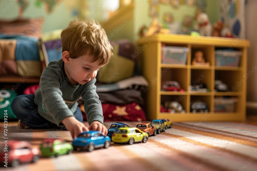 Cute baby boy building cars in row on the floor and playing with them. Stereotypical alignment of objects is a sign of autism. child leisure and pastime. childhood