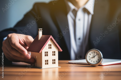 Businessman holding a wooden house and clock. Mortgage, real estate and loan concept. Tax payment. Construction investment. Planning