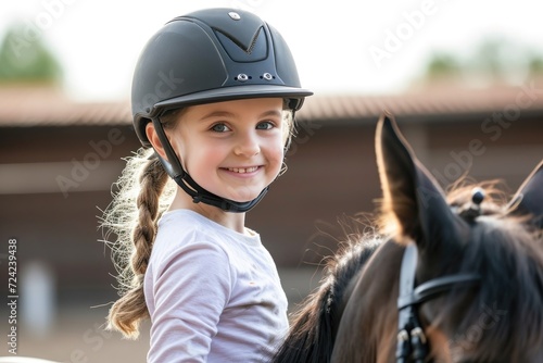Equitation lesson. Happy child girl while riding a horse
