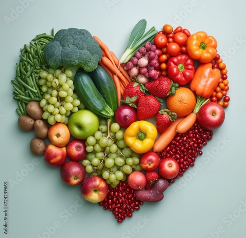an array of fruits and vegetables are placed into the heart shape