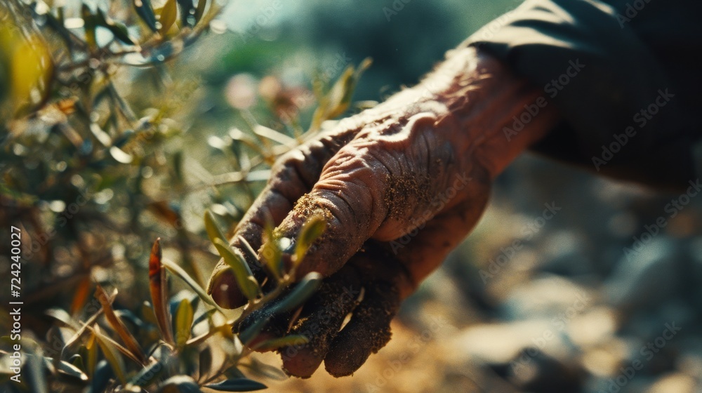 Obraz premium extreme close-up of a cook's hand picking fresh spice leaves
