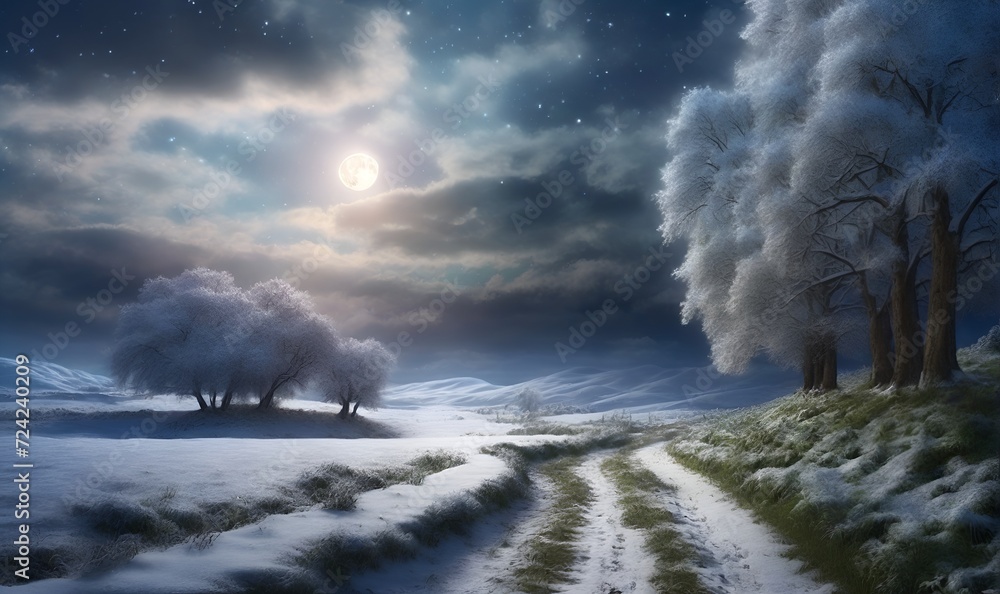 winter landscape, Snow, night sky, Road going far away