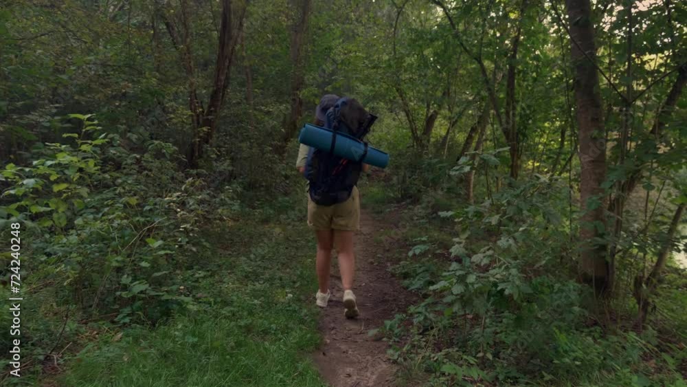 Alone Tourist with backpack Walk on Adventure Trip in Natural Landscape in Hike. Wide shot slow motion following Walking Person on trail in forest. Adventure Inspiring travel with Hiking equipment Alone Tourist with backpack Walk on Adventure Trip in Natural Landscape in Hike. Wide shot slow motion following Walking Person on trail in forest. Adventure Inspiring travel with Hiking equipment