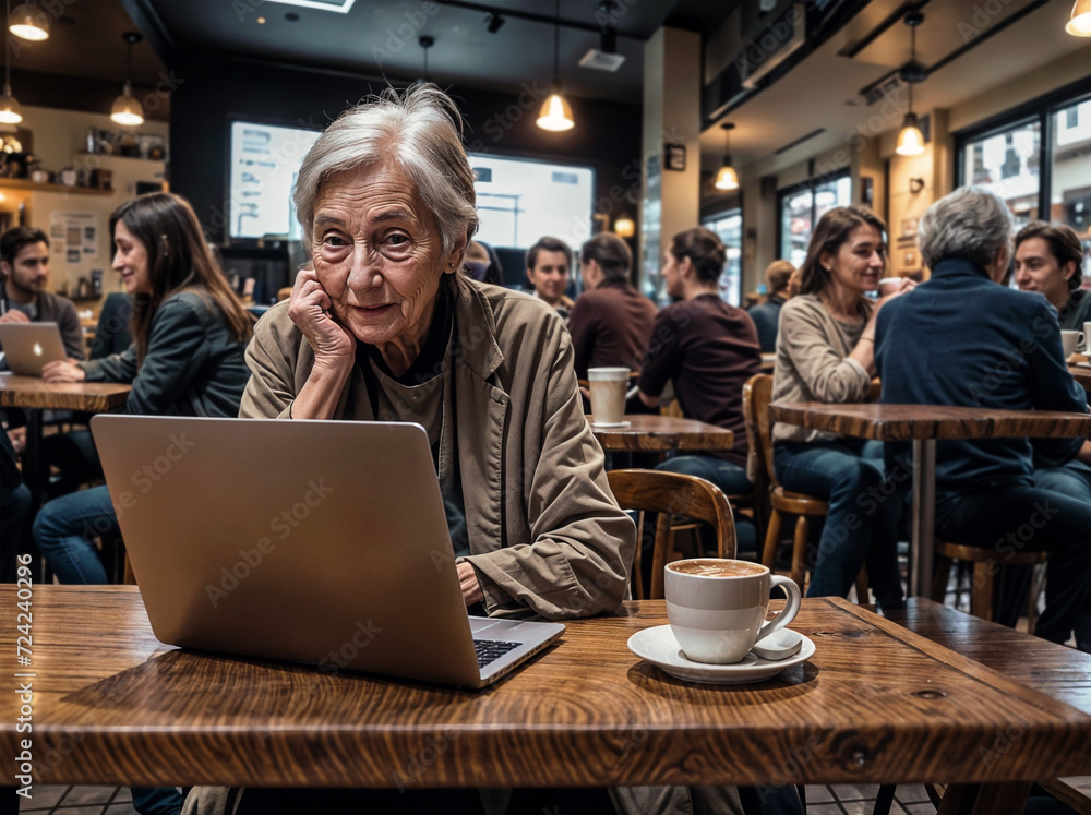 old woman smiling and sitting at a table with a laptop and a cup of coffee. She is focused on her work. There are other people in the background, engaged in their own activities. old woman smiling and sitting at a table with a laptop and a cup of coffee. She is focused on her work. There are other people in the background, engaged in their own activities.