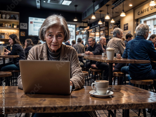 old woman smiling and sitting at a table with a laptop and a cup of coffee. She is focused on her work. There are other people in the background, engaged in their own activities.