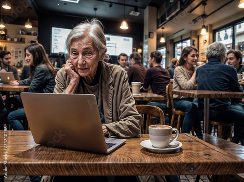 old woman smiling and sitting at a table with a laptop and a cup of coffee. She is focused on her work. There are other people in the background, engaged in their own activities.