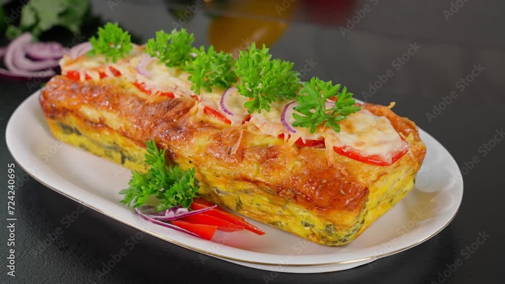 Delicious homemade frittata with tomatoes, paprika, spinach, cheese, cream, onions and eggs. Healthy vegetarian food, traditional morning meal. Close-up, camera moves smoothly Delicious homemade frittata with tomatoes, paprika, spinach, cheese, cream, onions and eggs. Healthy vegetarian food, traditional morning meal. Close-up, camera moves smoothly