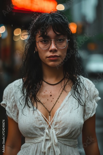 smartphone photo of a latina girl in her mid 30ies with some freckles and glasses in a white dress with black long hair, walking down the street in the rain photo