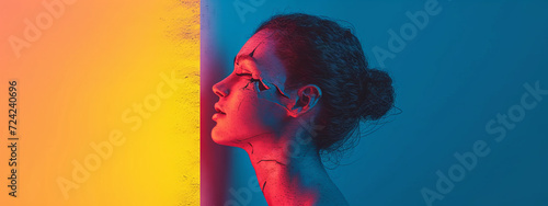 Chromatic Portrait: A Woman Posing Gracefully Against a Magnificent Rainbow-Colored Wall