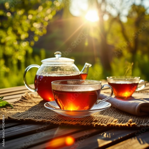 Black tea in glass cup and teapot on summer outdoor background