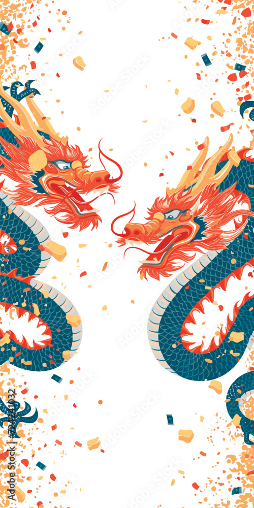 Vector double chinese dragon with confetti white background Vector double chinese dragon with confetti white background