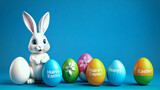 Bunny Sitting in Front of Row of Colorful and Decorated Eggs