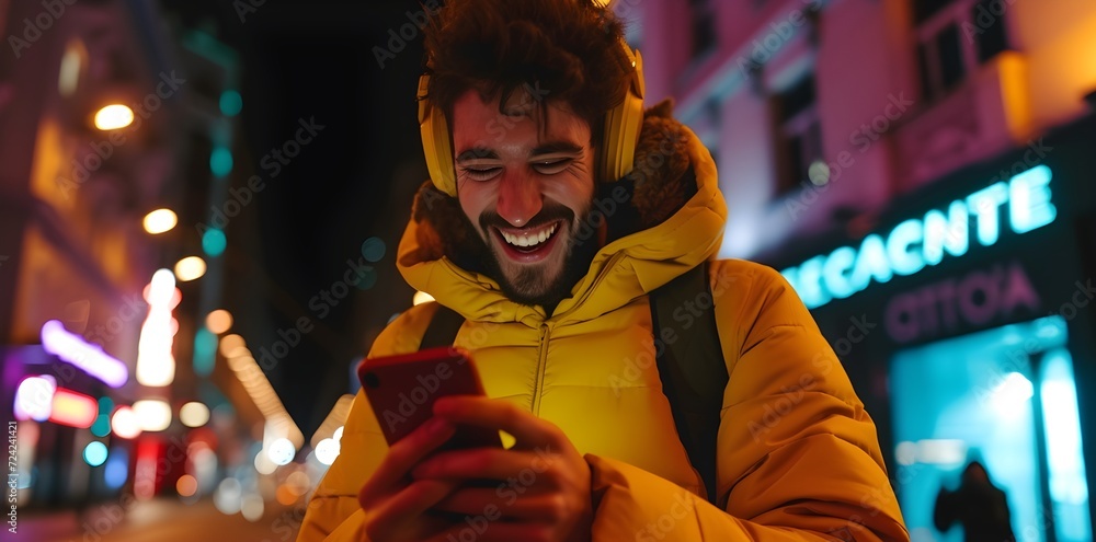a handsome young man texting and using his mobile phone and smiling outside on a city street. blurry background. late in the night.