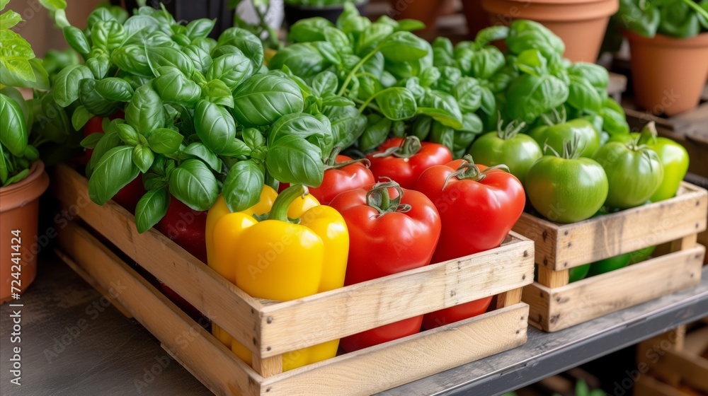 Wooden Crate Filled With Green and Red Peppers Wooden Crate Filled With Green and Red Peppers
