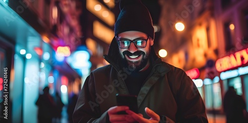 a handsome young man texting and using his mobile phone and smiling outside on a city street. blurry background. late in the night.