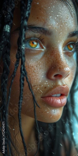 a latina woman with freckles and drops of water on her face