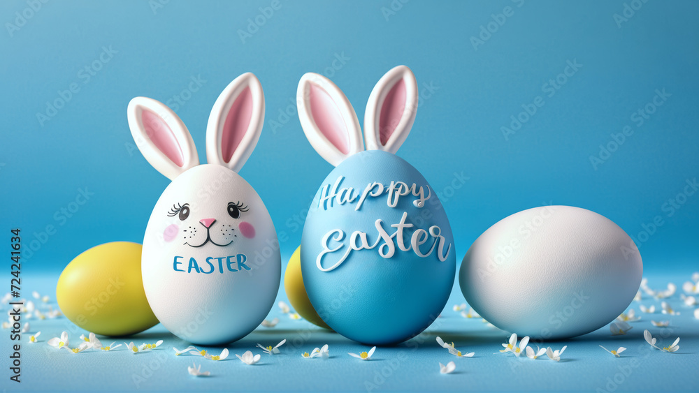 Three Easter Eggs With Bunny Ears and the Words Happy Easter Three Easter Eggs With Bunny Ears and the Words Happy Easter
