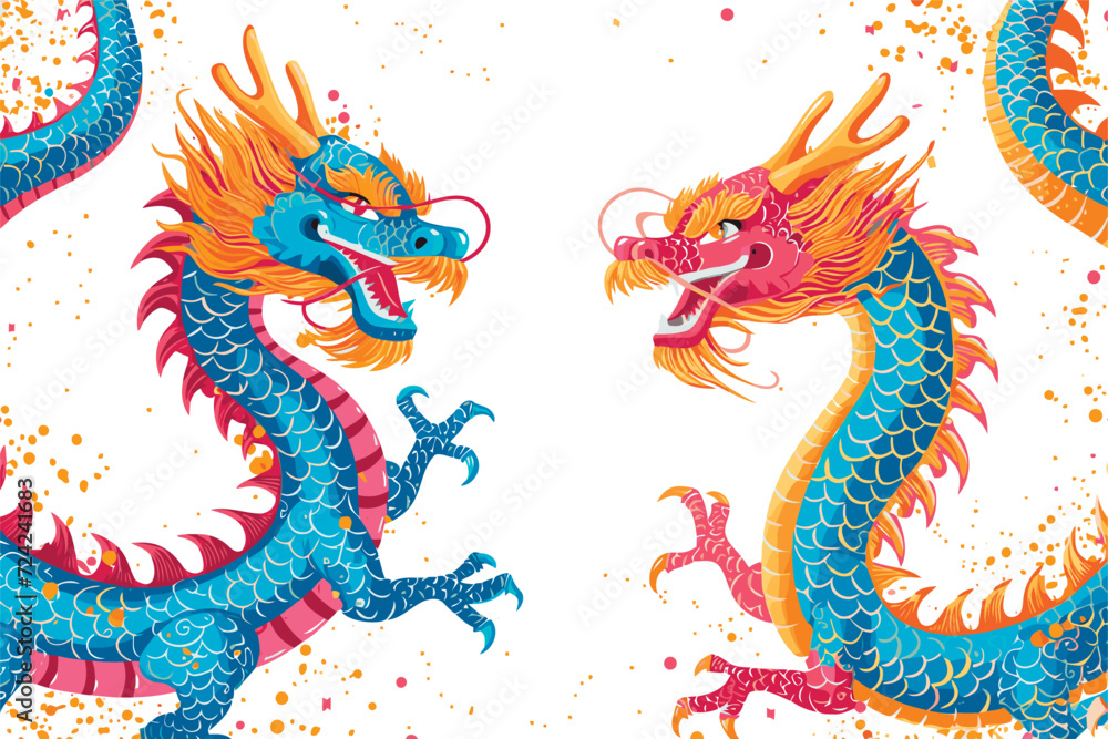 Vector double chinese dragon with confetti white background Vector double chinese dragon with confetti white background