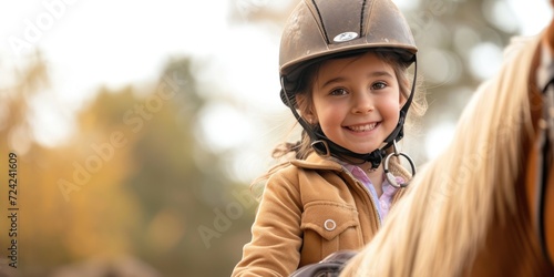 Equitation lesson. Happy child girl while riding a horse photo