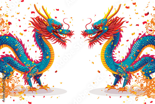 Vector double chinese dragon with confetti white background © Yee Suen