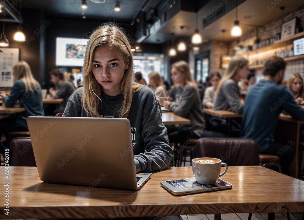 woman smiling and sitting at a table with a laptop and a cup of coffee. She is focused on her work. There are other people in the background, engaged in their own activities.