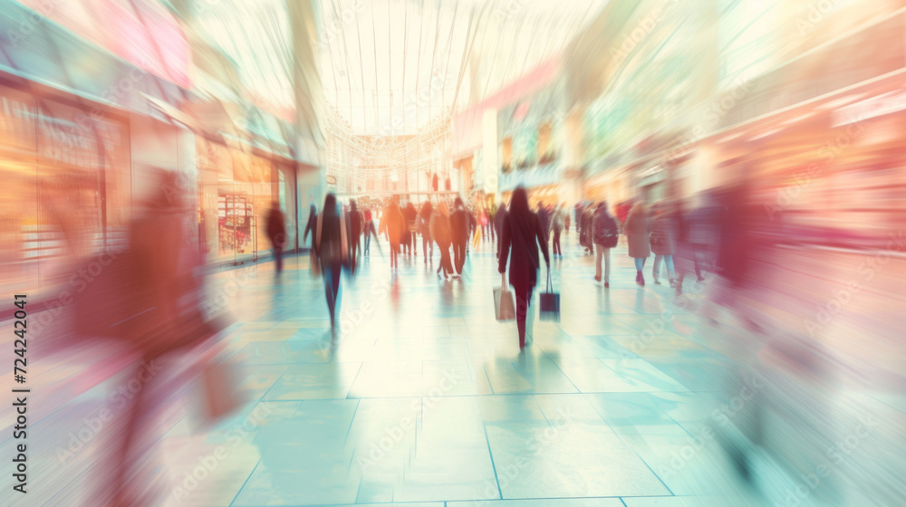 Shopping mall with motion-blurred figures and vibrant lights Shopping mall with motion-blurred figures and vibrant lights