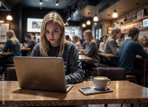 woman smiling and sitting at a table with a laptop and a cup of coffee. She is focused on her work. There are other people in the background  engaged in their own activities.
