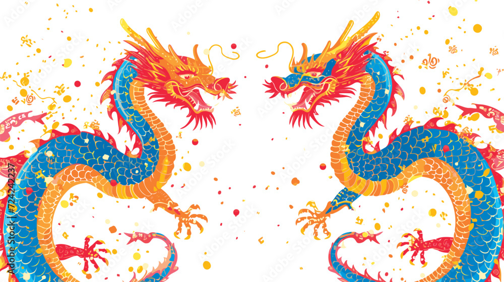 Fototapeta premium Vector double chinese dragon with confetti white background